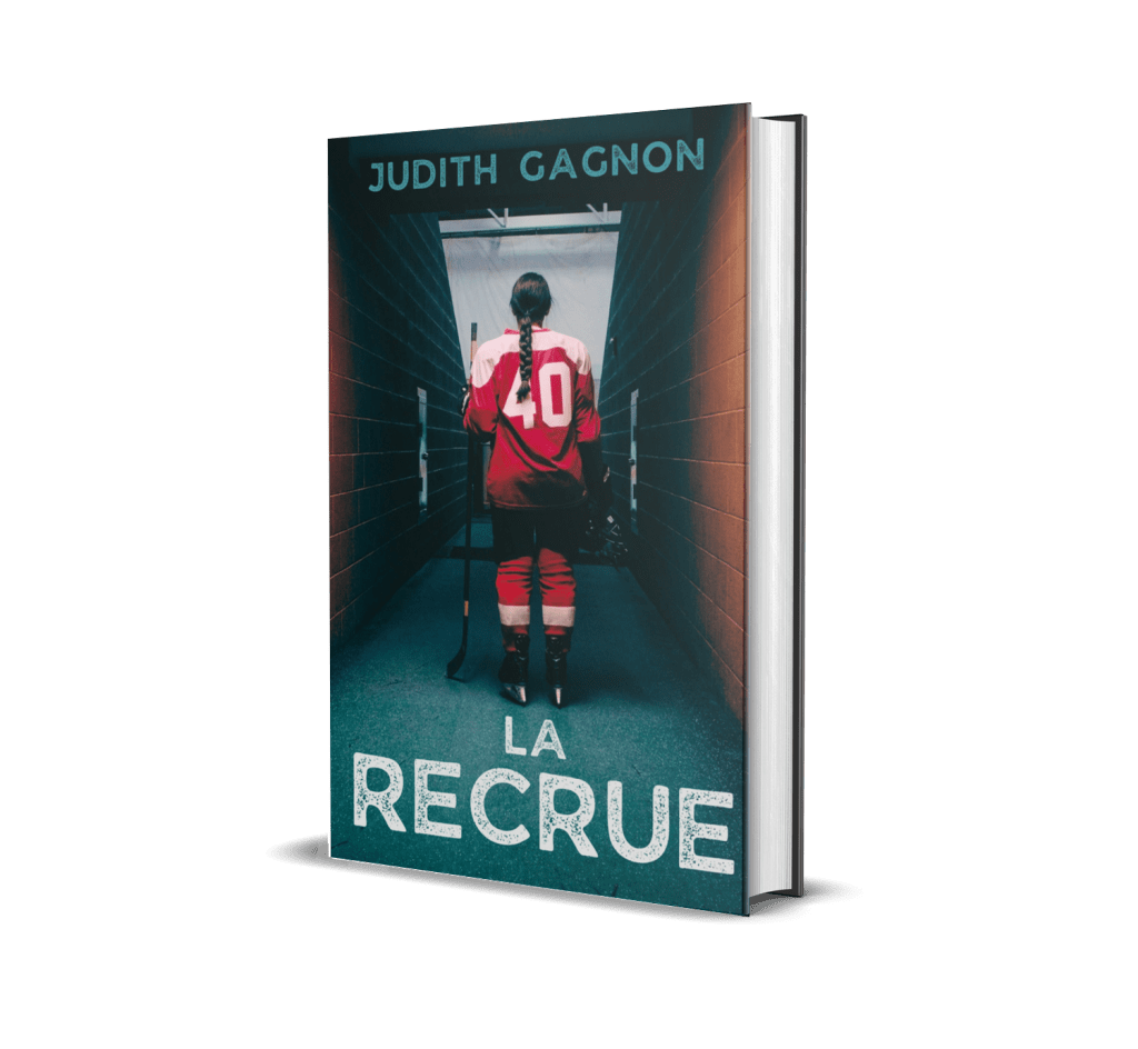 Image de la couverture du roman "La recrue" présentant une femme vêtue en uniforme de hockey rouge avec les épaules blanche et le numéro 40 incrit au dos. Elle est situé dans le couloir d'un aréna.