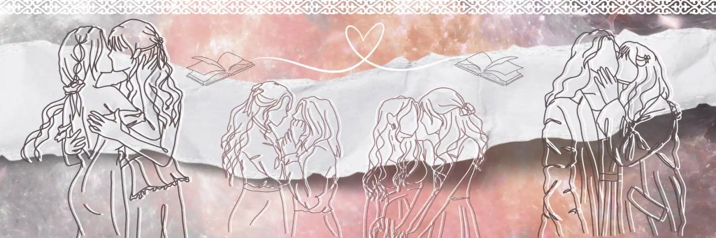 Illustration artistique représentant quatre couples de femmes s’embrassant tendrement, dessinés en lignes fines sur un fond texturé aux tons rose, gris et mauve. Des livres ouverts et un cœur stylisé relient les scènes, symbolisant l’amour et la lecture.